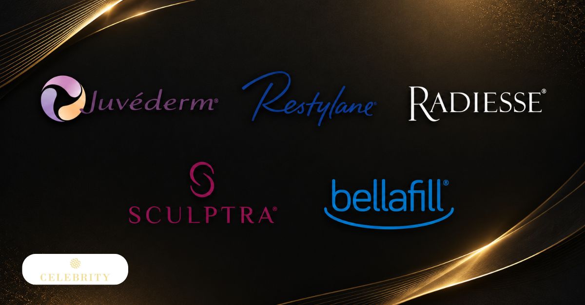 White background brand logo grid showing Juvederm, Restylane, Radiesse, Sculptra, and Bellafill dermal filler aesthetic medicine companies.