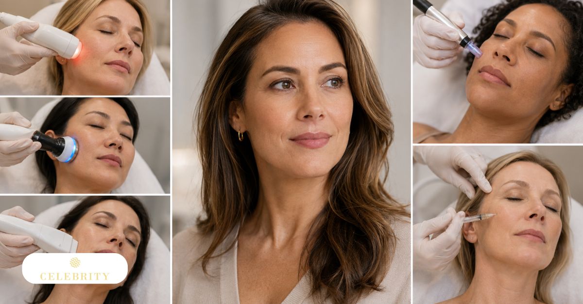 Wide clinical collage showing multiple women receiving aesthetic treatments including laser, RF, microneedling, injectables, and skin tightening with central portrait.