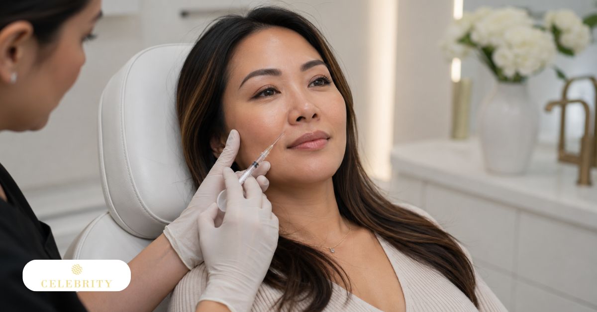 Injecting dermal filler into cheek of seated woman during anti-aging treatment in modern clinic.