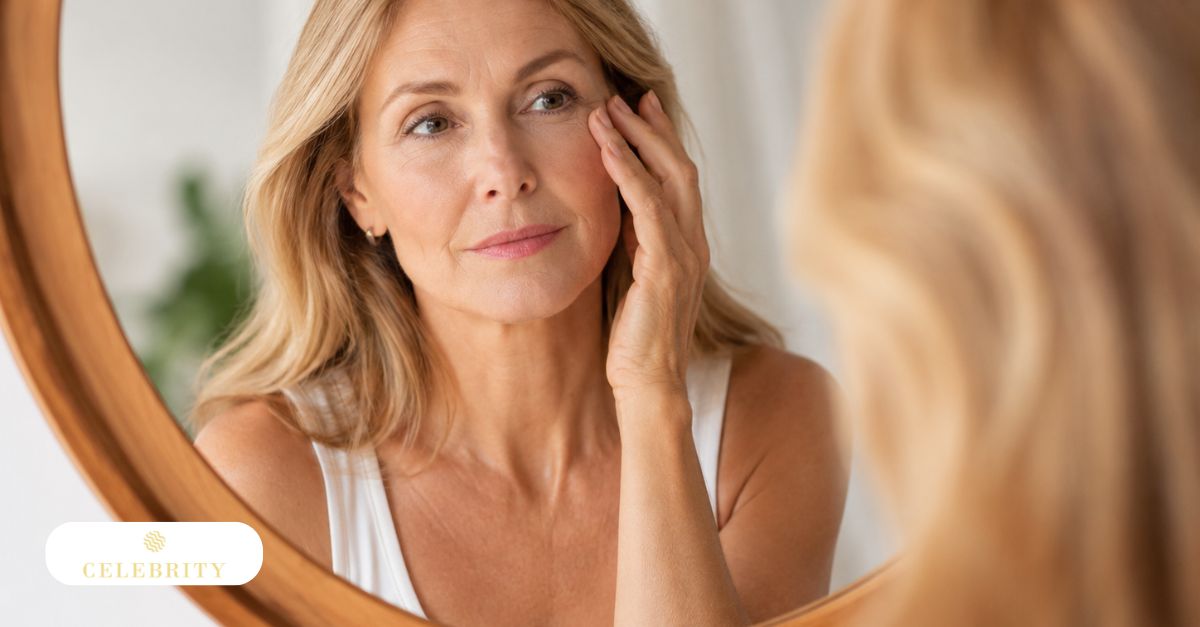 Middle-aged woman gently touching under-eye area while looking into mirror, reflecting on skin texture, aging, and facial care concerns.