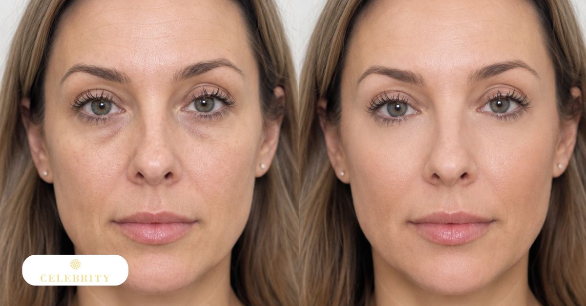 portrait of woman showing under-eye treatment comparison between EZ gel and dermal fillers results comparison view