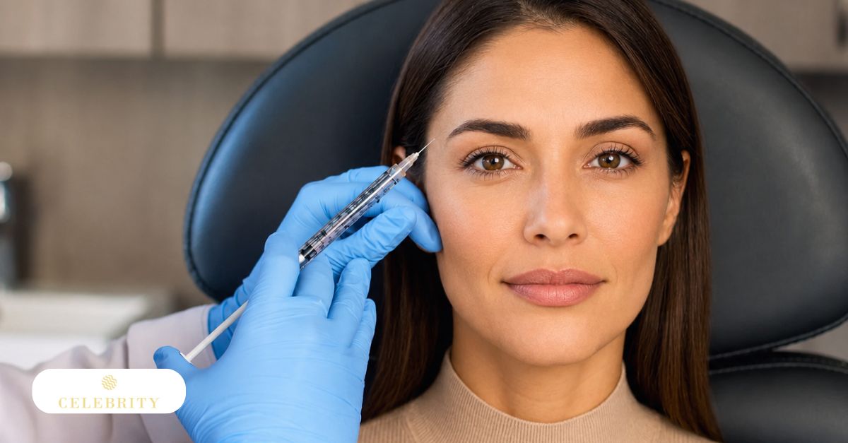 Close-up cosmetic procedure showing clinician injecting under-eye area with syringe while patient sits calmly in modern aesthetic clinic chair.