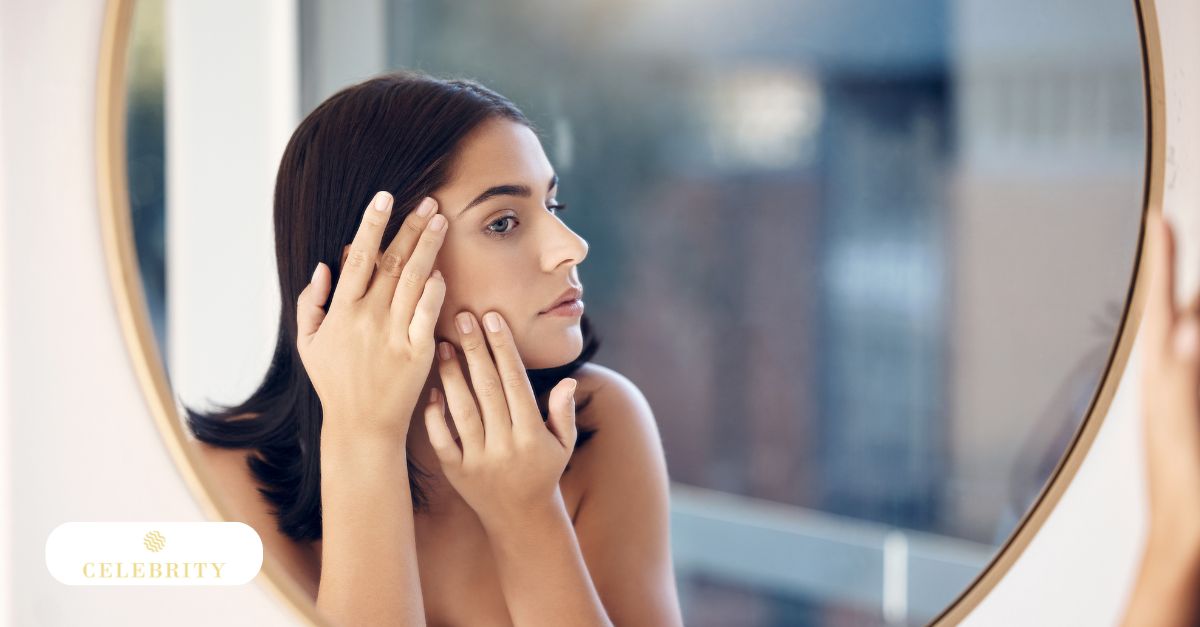 Post-PRP treatment outcome with woman assessing skin clarity in mirror
