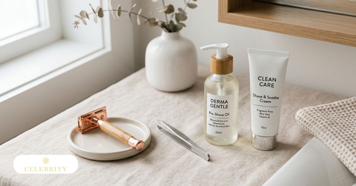 An organized collection of hair removal essentials, used to discuss safe methods to remove breast hair