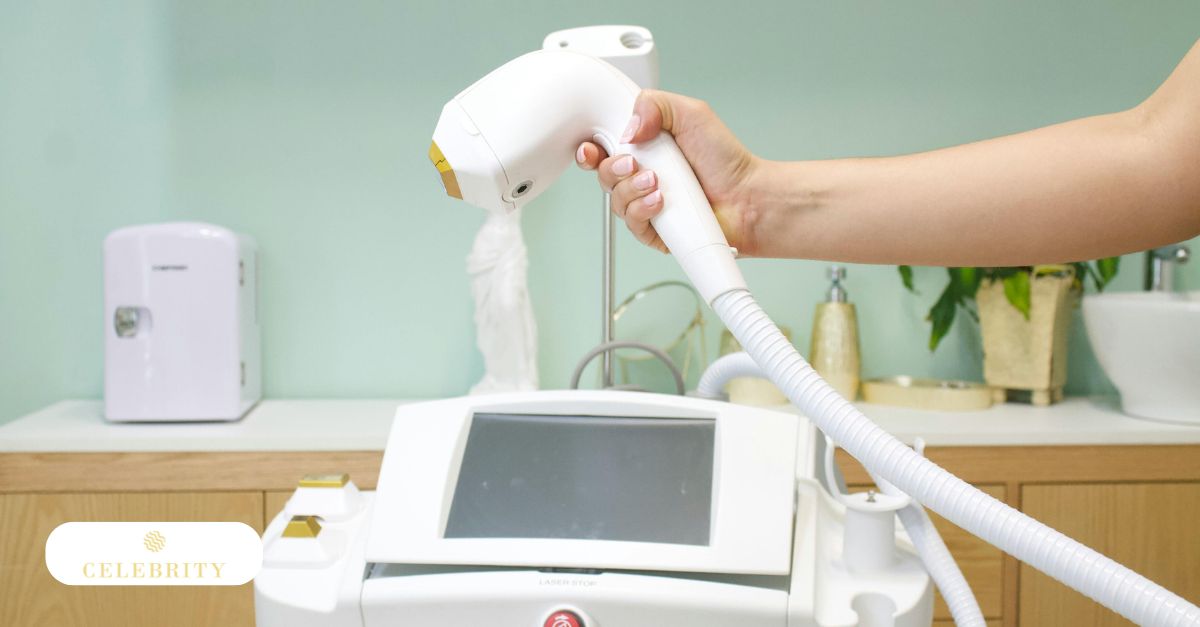 Close-up of a high-tech aesthetic laser machine in a bright office, illustrating professional equipment used for laser hair removal safe for nipple hair treatments.