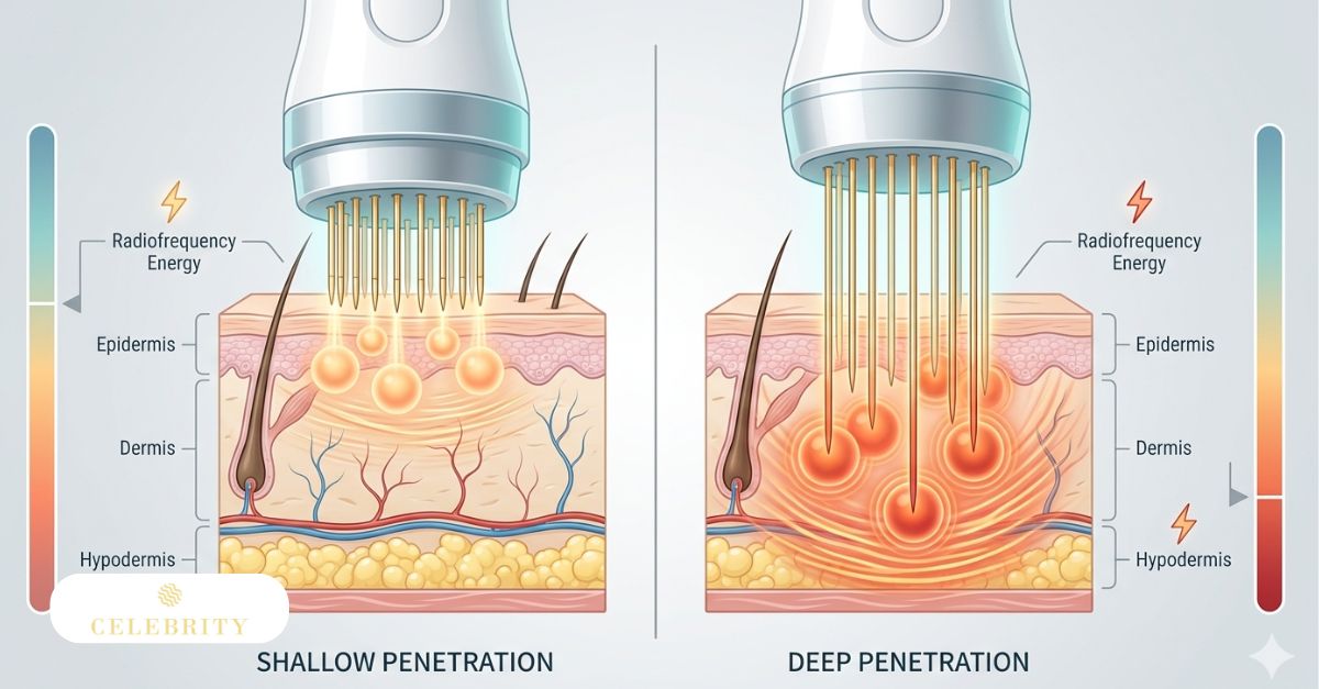 A diagram compares shallow and deep needle penetration in the skin to illustrate the key differences between Morpheus8 vs Fractora treatments and how they deliver radiofrequency energy to various tissue layers.