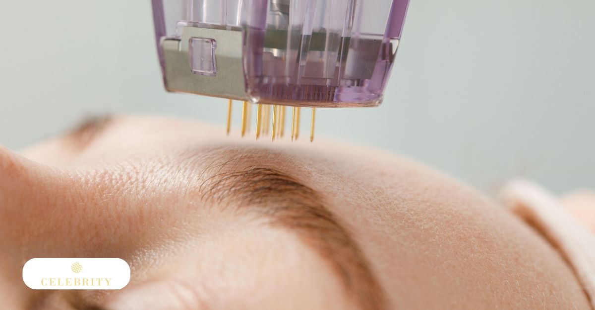 A close-up view of a microneedling radiofrequency device being applied to a patient's forehead provides a clear look at what are Fractora and Morpheus8 treatments in action for skin resurfacing.