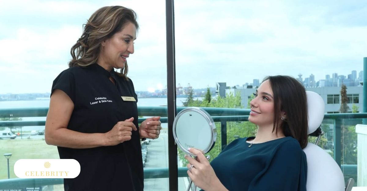 A happy client and specialist at Celebrity Laser & Skin Care reviewing facial skin improvements and the best treatment for freckles.