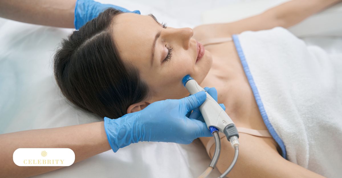 Professional skin care procedure showing the application of a HydraFacial, a treatment for freckles and brown spots