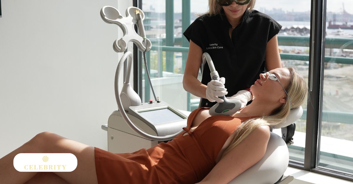 A technician using an IPL device on a client’s chest for non-invasive skin rejuvenation treatment.