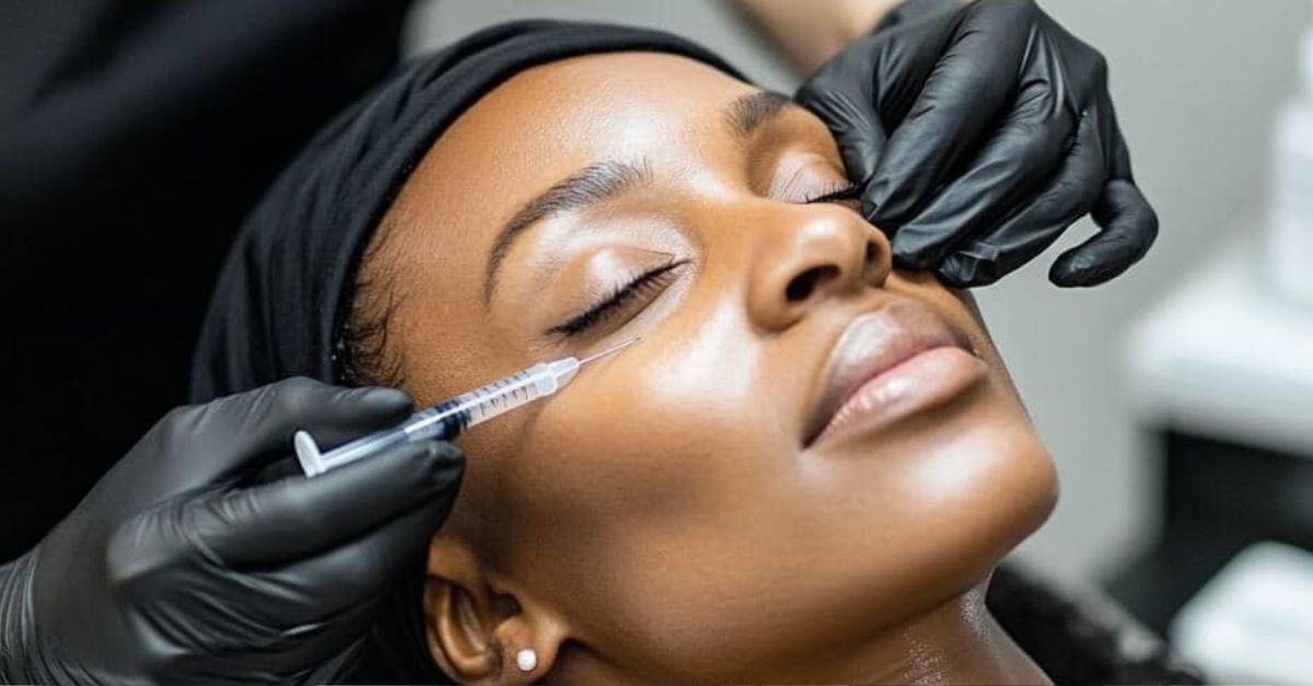 A technician carefully injecting EZ Gel into a client's under-eye area for natural skin rejuvenation.