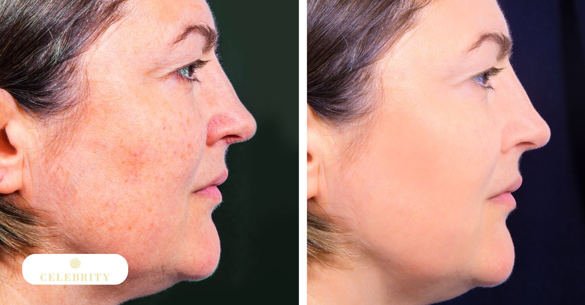 Before and after photos showcasing a woman's face following IPL laser skin rejuvenation treatment
