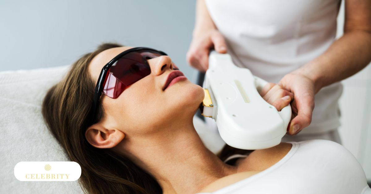 The image shows a woman receiving an IPL (Intense Pulsed Light) treatment, focusing on facial skin care.