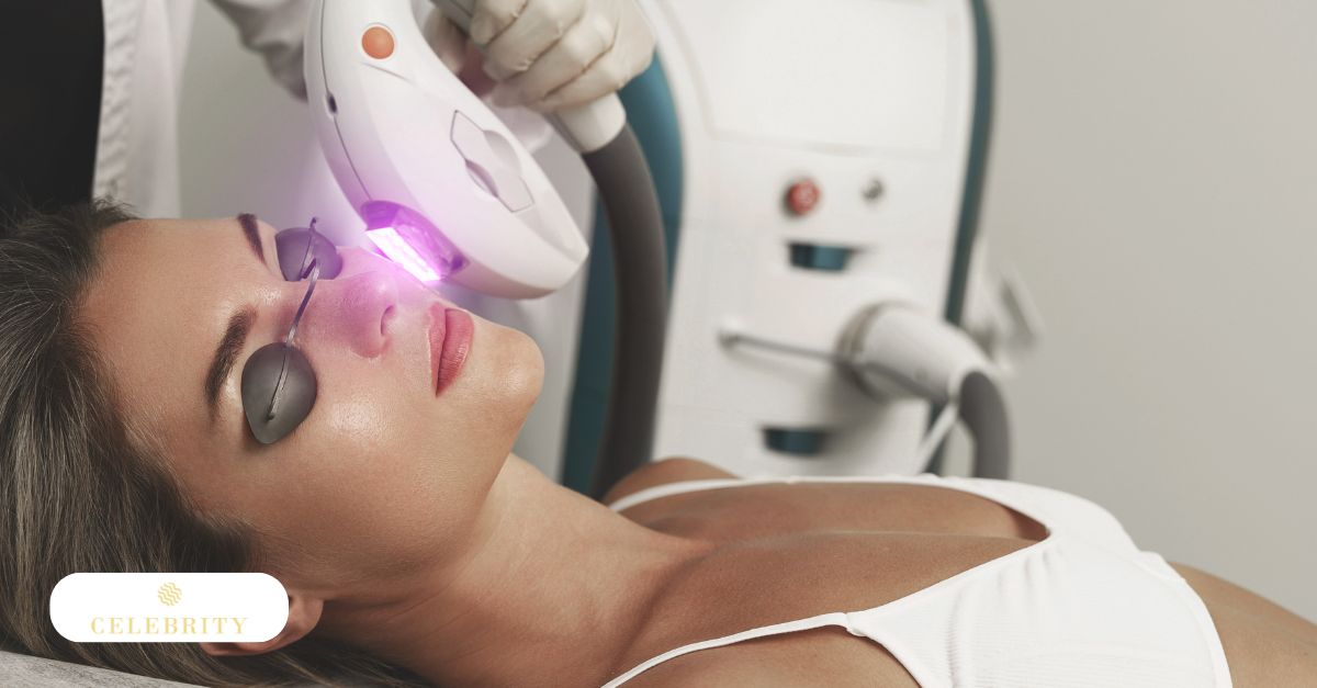 The image shows a woman receiving an IPL (Intense Pulsed Light) treatment, likely targeting skin concerns.