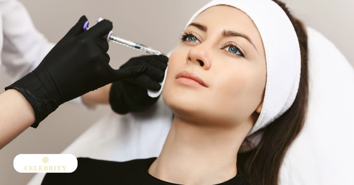 The image shows a woman receiving a Botox injection, likely targeting wrinkles and facial lines.