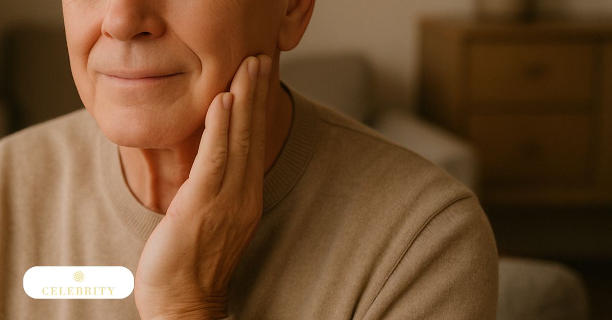 Older man touching his face, representing facial hair removal for elderly skin