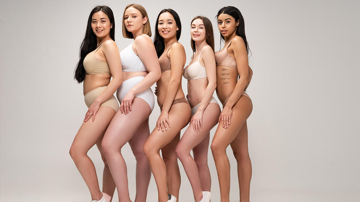 Five beautiful multiethnic woman in underwear