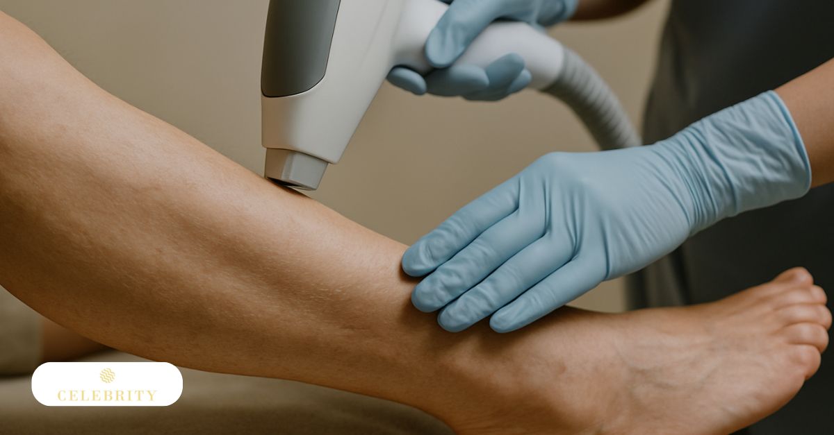 Close-up of laser hair removal device on mature skin, used to explain safety precautions for older adults