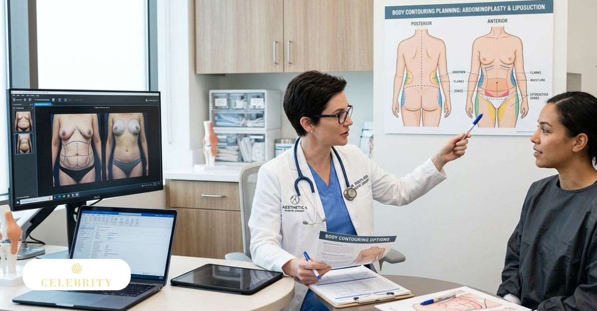 A doctor provides a patient consultation regarding types of body contouring procedures, using anatomical diagrams and digital displays to explain surgical and non-surgical options.