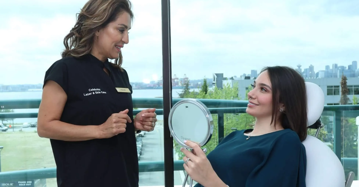 A technician and client discussing facial results during a laser hair removal consultation in Vancouver.