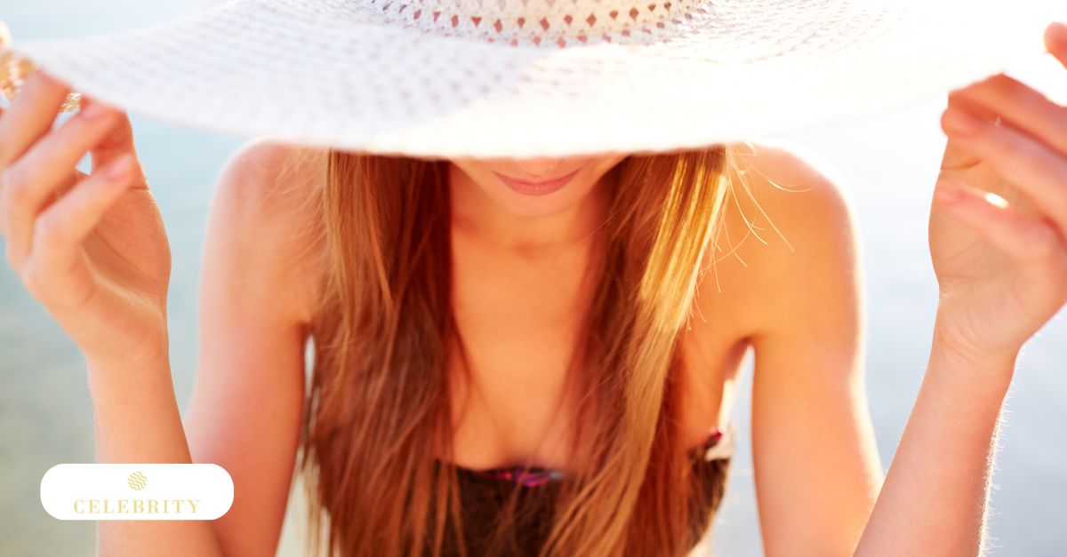 The image shows a person in a sun hat, likely enjoying outdoor activities, emphasizing skincare protection.