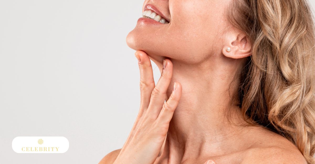 Close-up of a woman touching her contoured chin, illustrating the advantages of Belkyra