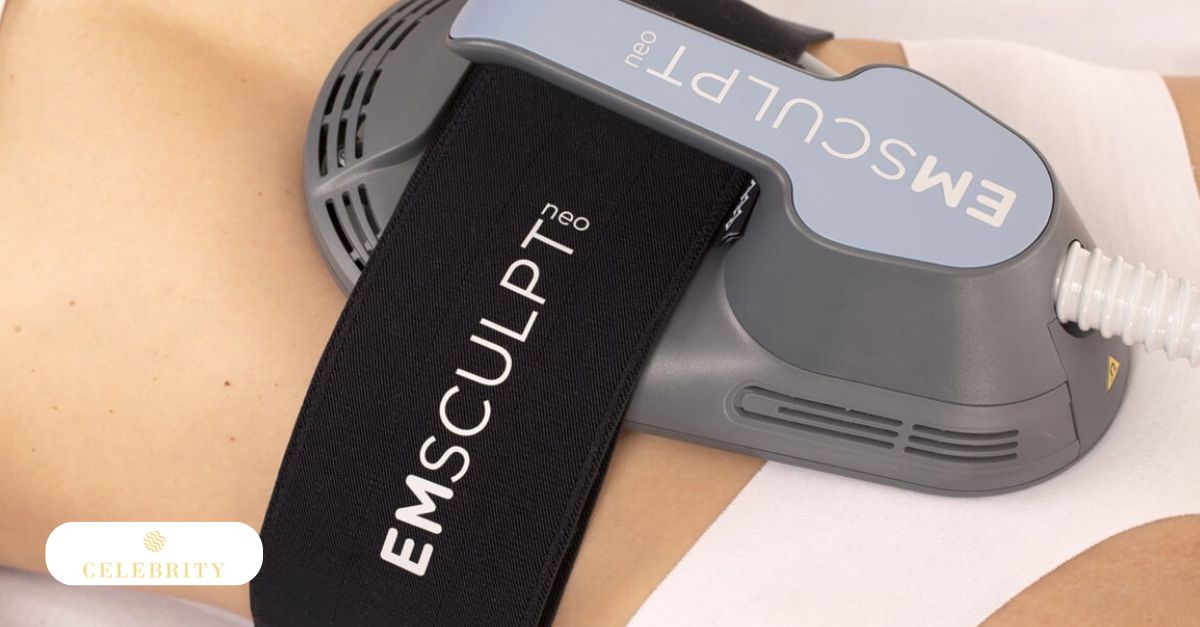 An Emsculpt Neo applicator in use on a client's stomach, demonstrating the advanced body sculpting technology available at Celebrity Laser & Skin Care.