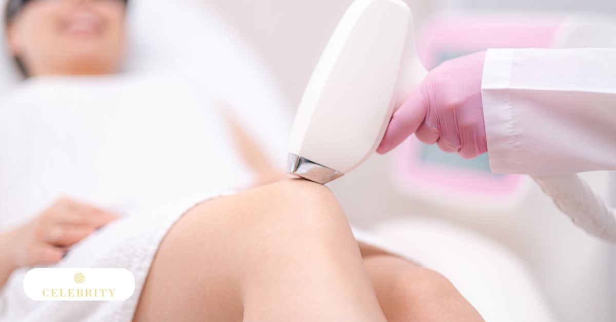 Clinician performing laser hair removal on pregnant patient’s leg in clinical setting with handheld device