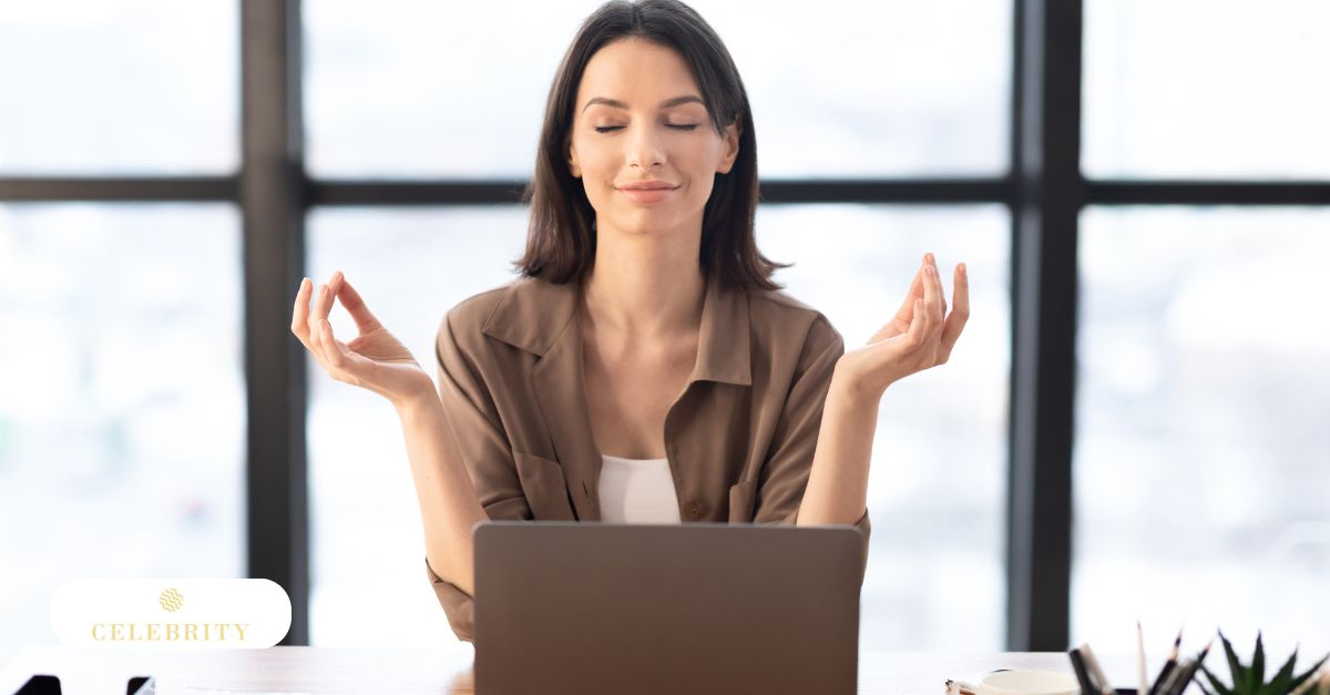 The image shows a woman practicing stress management techniques like meditation to maintain calm and reduce stress.