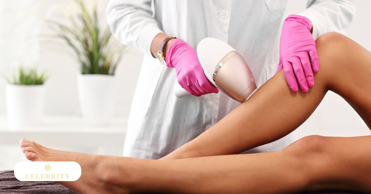 Clinician performing laser hair removal on woman’s leg in clinic setting with gloves and device