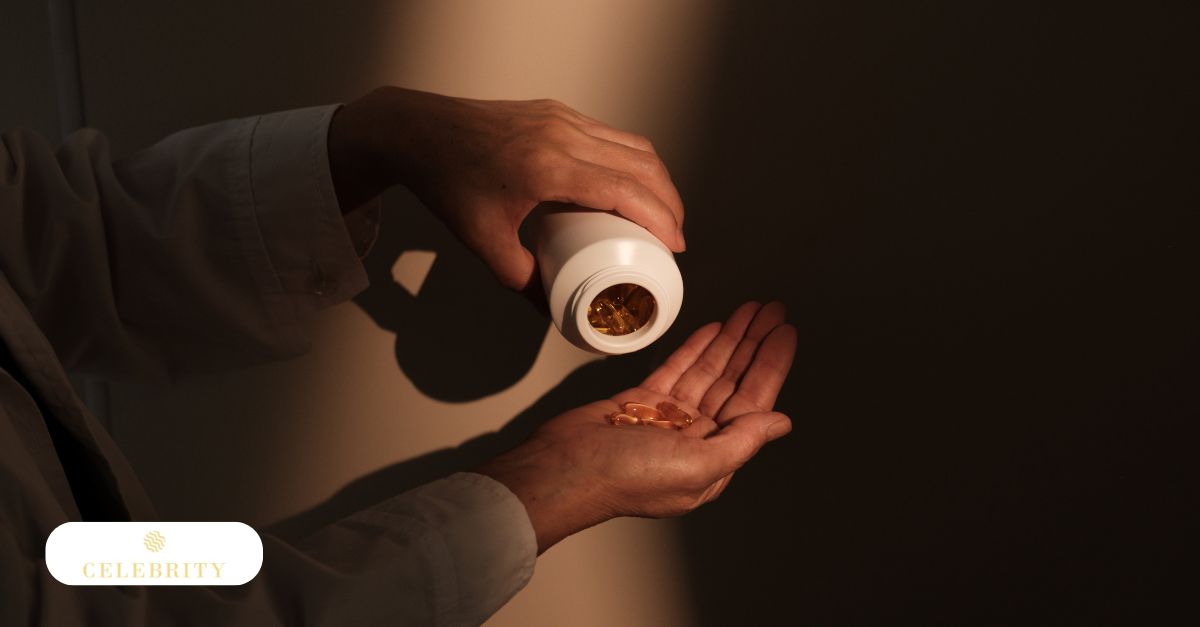 The image shows someone holding supplements. Certain vitamins like Vitamin B6 may help in managing facial hair growth.