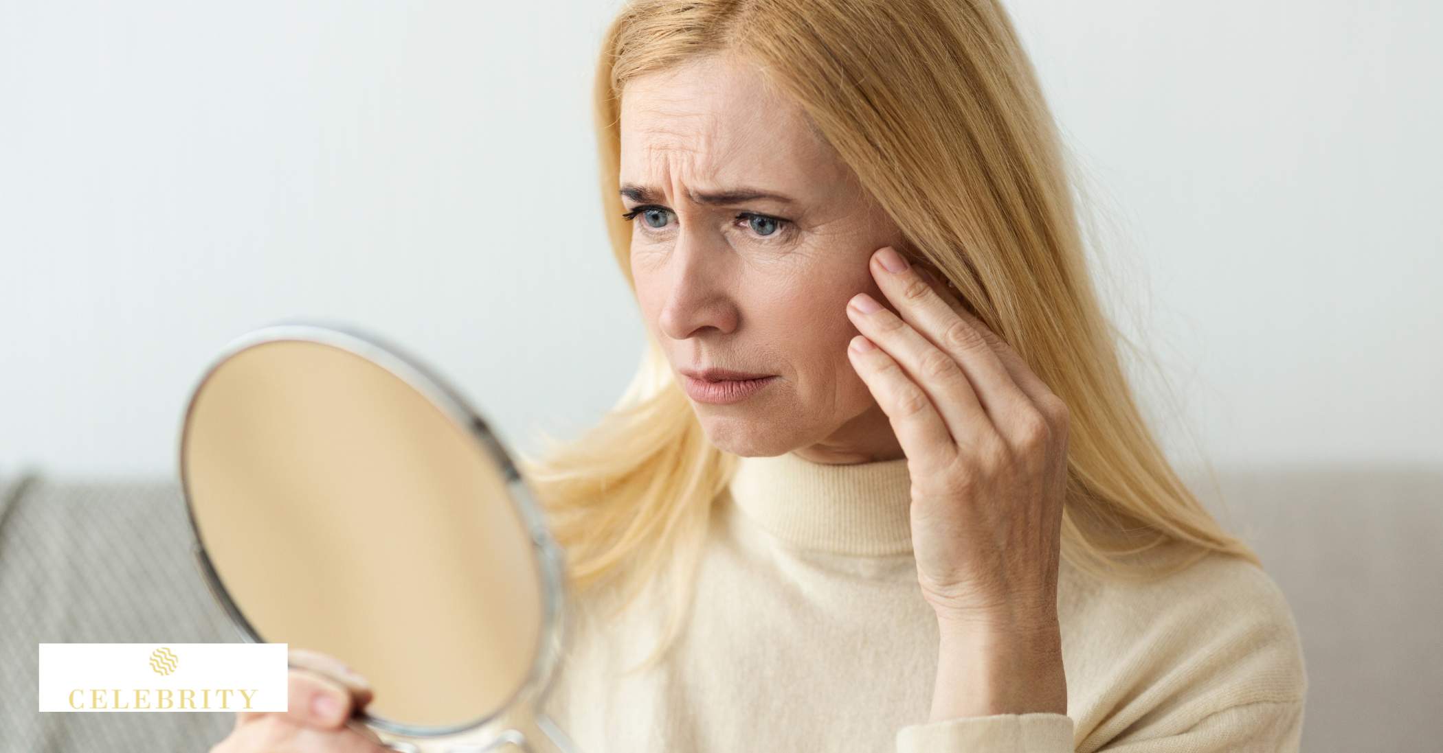 A sad woman gazes into a mirror, checking wrinkles on her face, reflecting on skin elasticity and the impact of poor dietary choices.