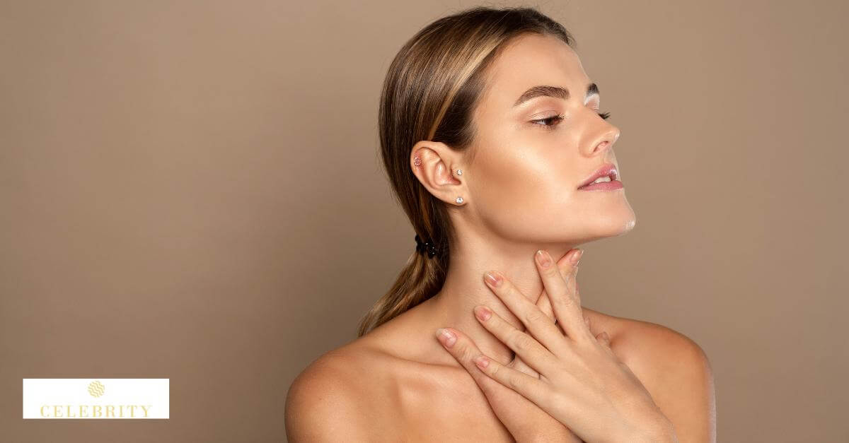 A woman touching her neck, symbolizing the concept of neck rejuvenation