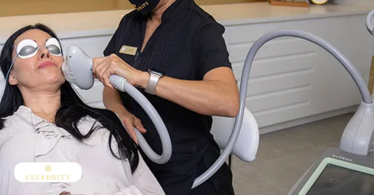 A client undergoing skin tightening treatment with Titan at Celebrity Laser & Skin Care