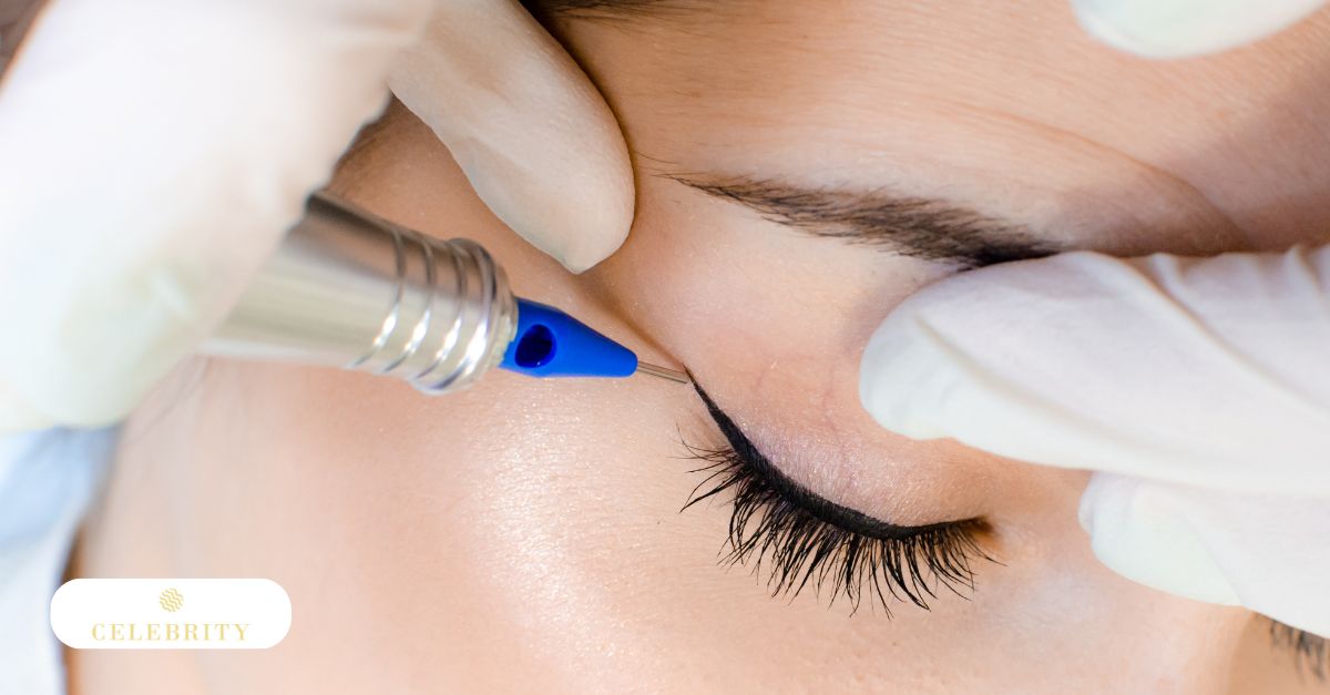 A woman undergoing permanent eyeliner procedure, performed by a permanent eyeliner certified technician