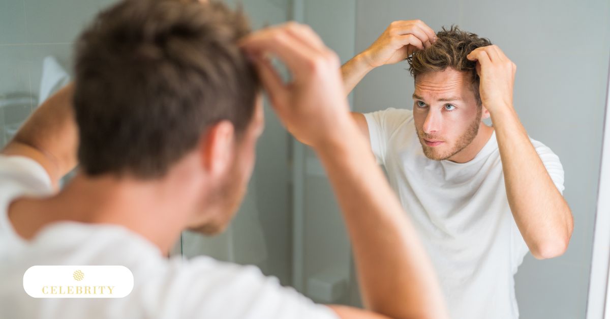A man inspects his hair for signs of thinning, illustrating the common issue of hair loss in men