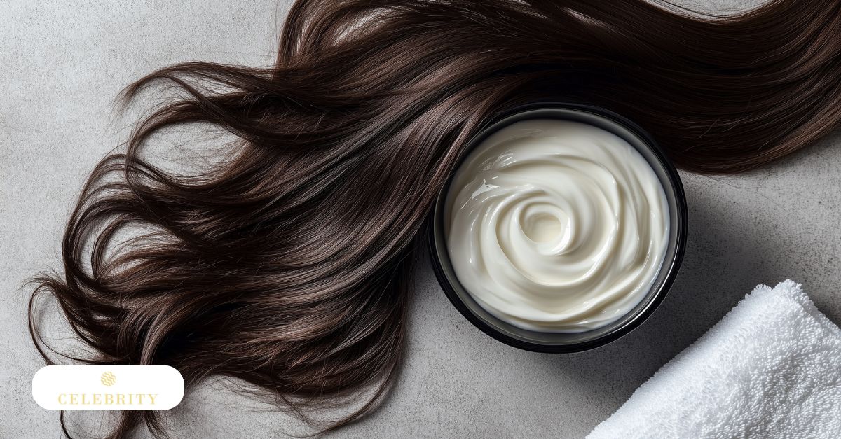A bowl of creamy, white hair treatment sits next to long, flowing brunette hair and a fresh towel, showcasing how easy it is to prepare DIY hair masks at home for deep conditioning and shine.