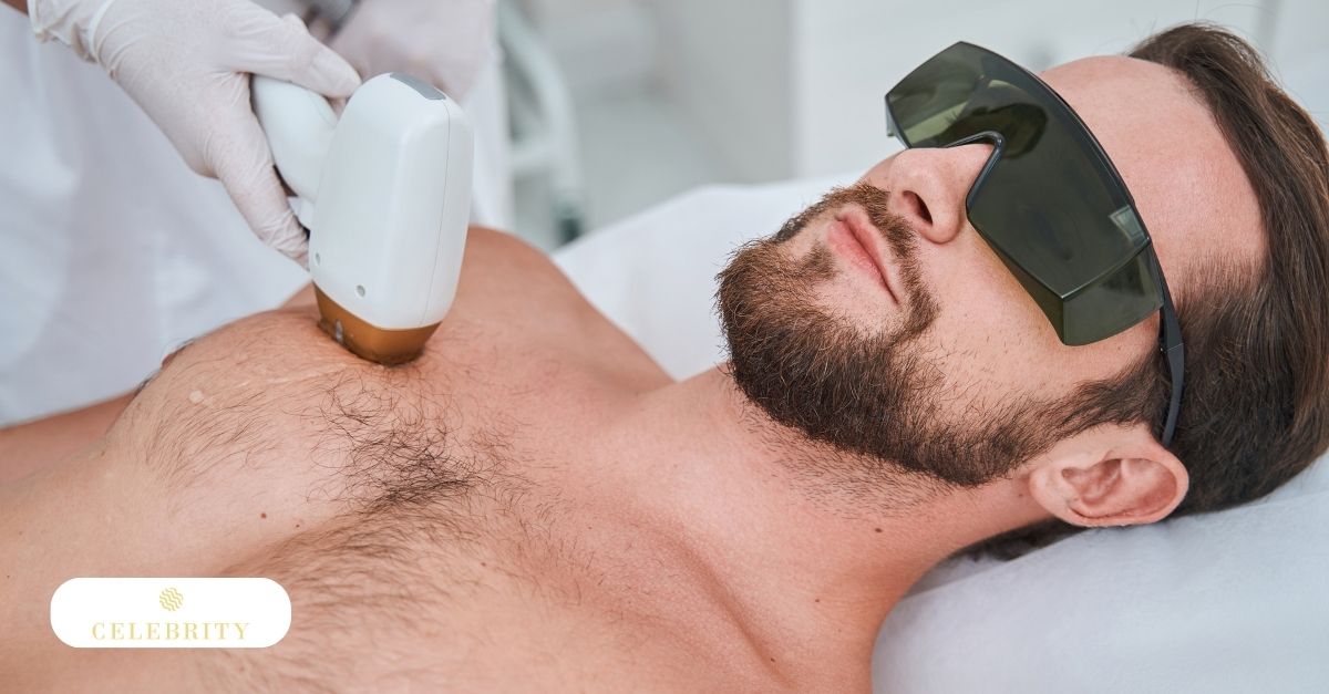A man undergoing laser hair removal treatment on his chest, showcasing the process for effective hair removal results