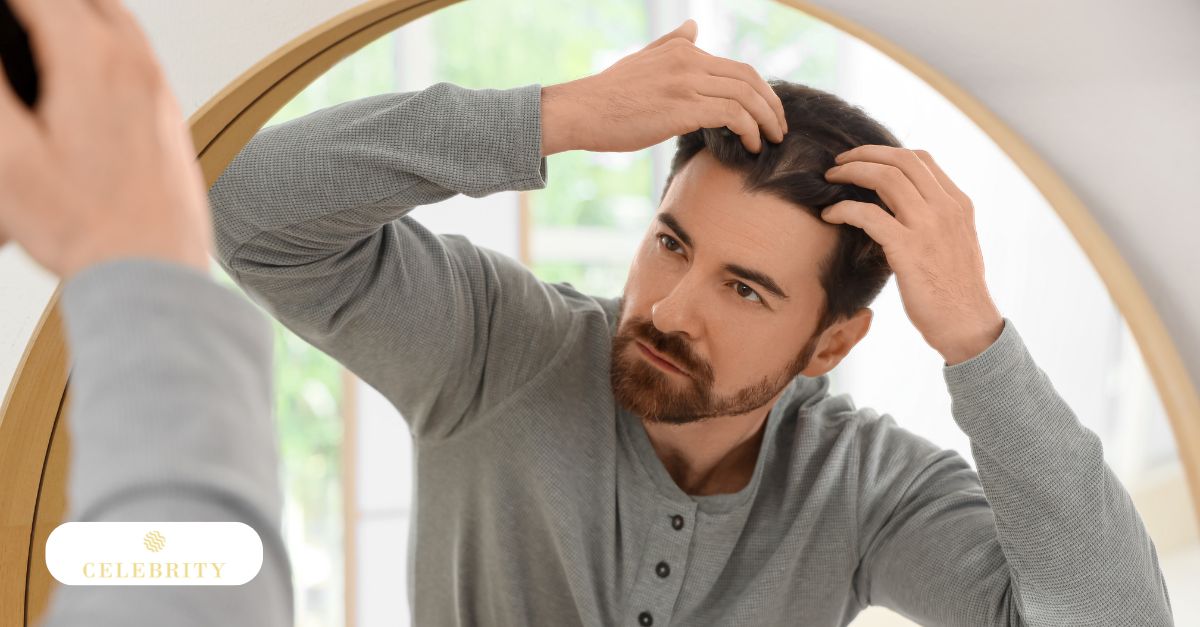 A man examines his dense, healthy hairline in a mirror to visualize the expected results of hair transplantation and judge the success of his procedure.