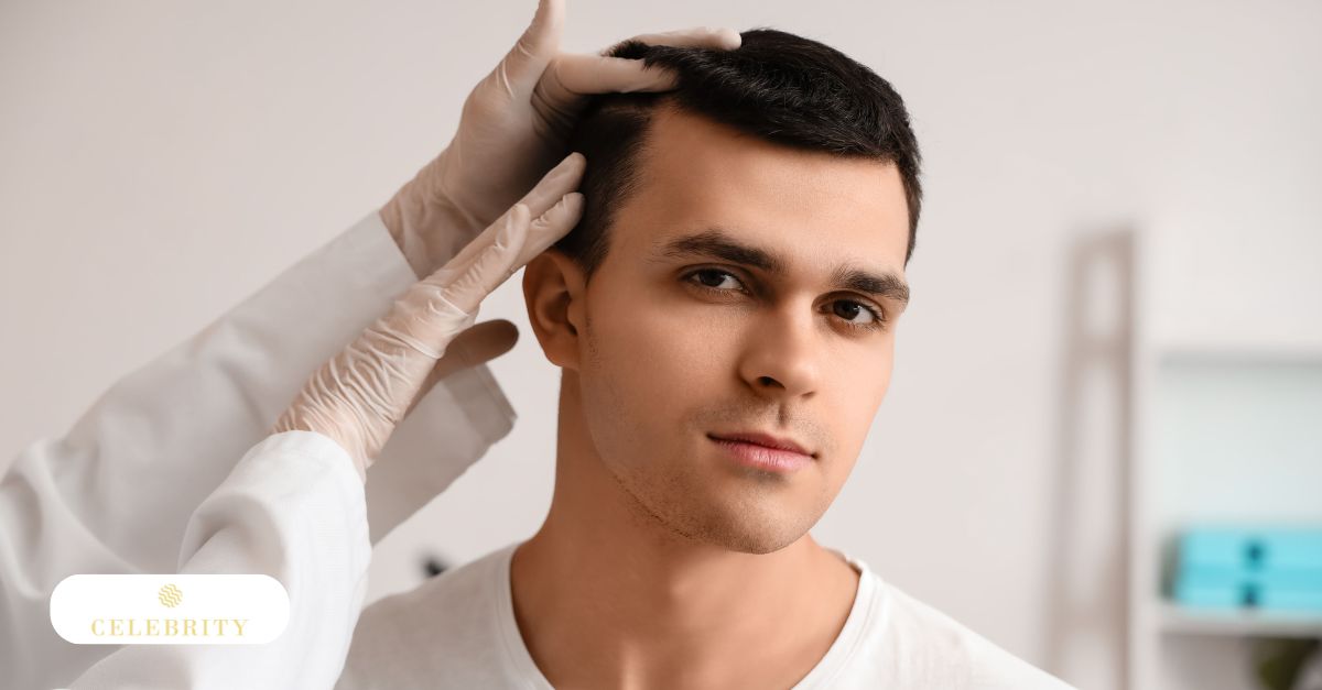 A man receiving a hair transplant from a doctor, who is carefully cutting and styling his hair during the procedure