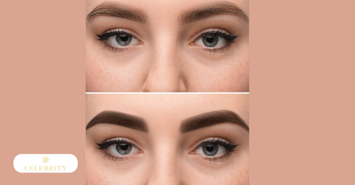Before and after images of a woman showcasing natural microblading results on her eyebrows