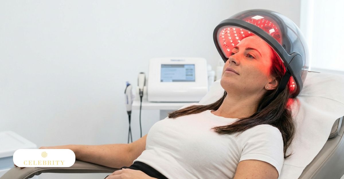 A woman relaxes in a treatment chair while wearing a specialized helmet emitting red light, demonstrating the clinical application of laser hair growth therapy to improve hair density.