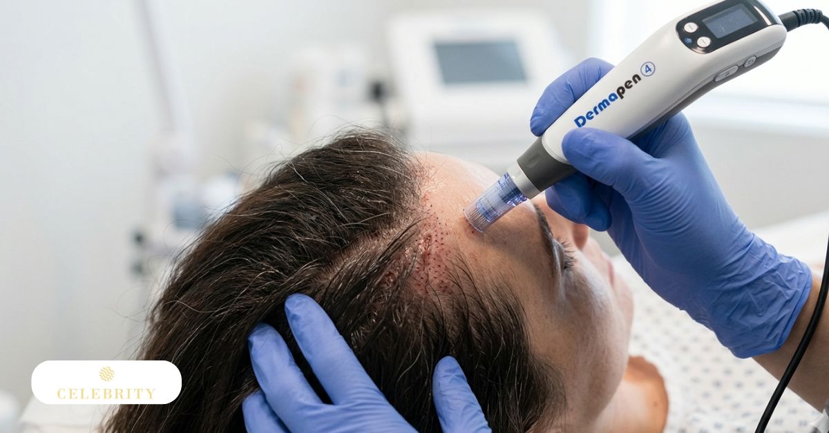 A close-up photograph captures a professional in blue medical gloves using a microneedling device for hair growth treatment on a client's scalp to stimulate new follicles.