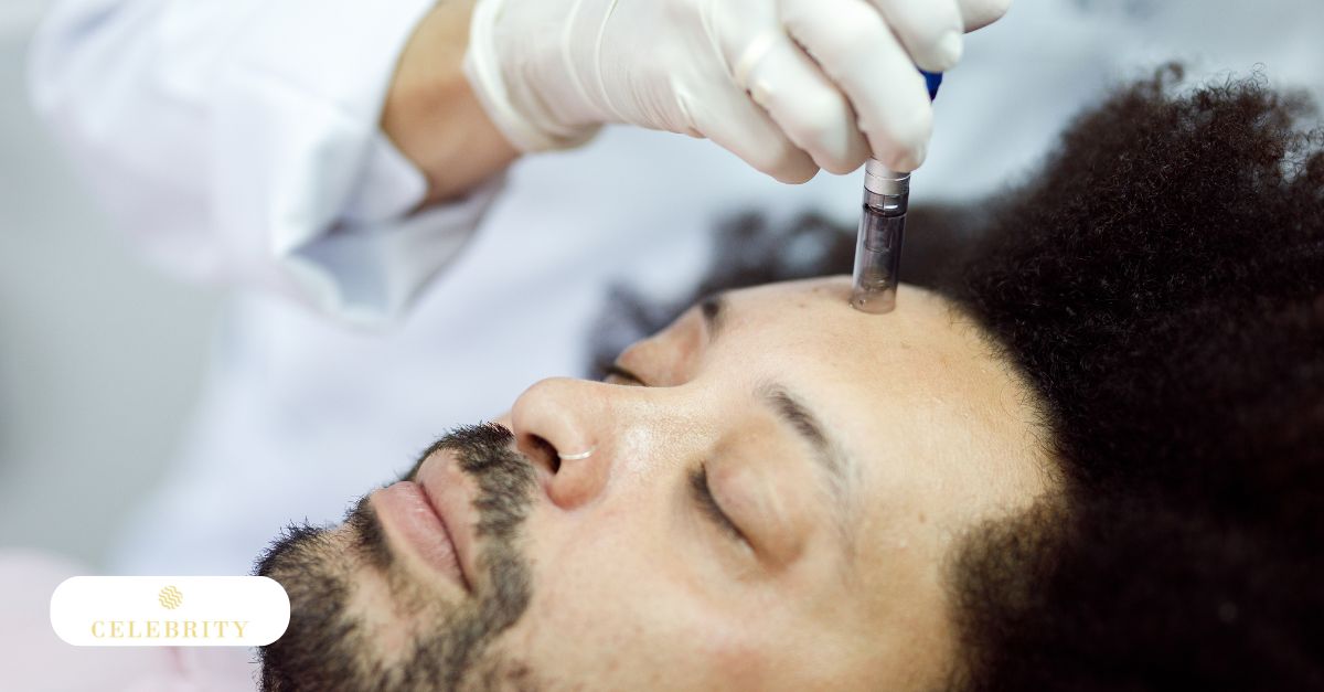 A man using microneedling device on his hair, illustrating the process related to microneedling for hair growth