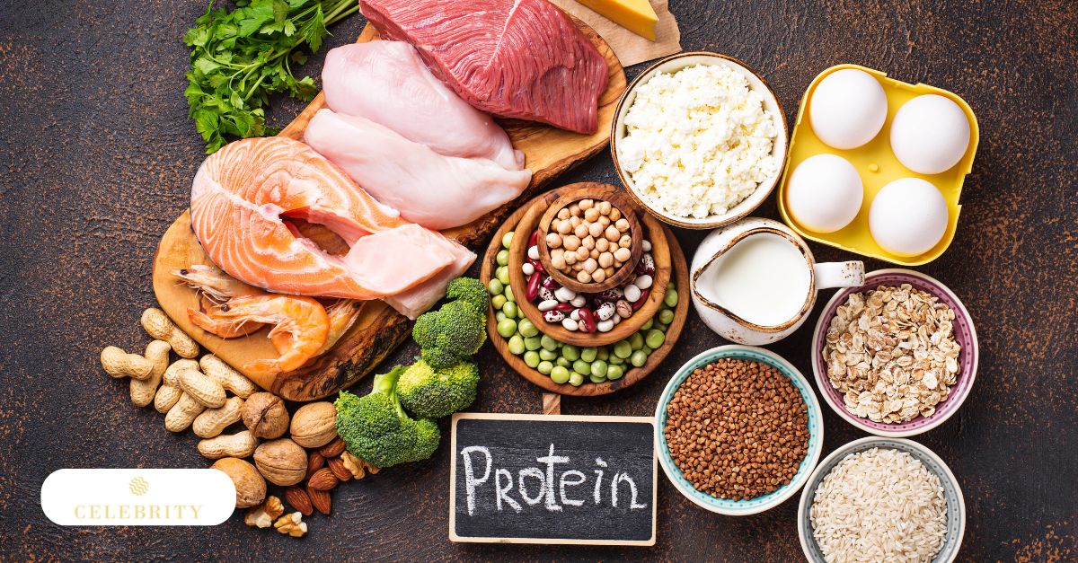 A vibrant assortment of high-protein foods, is arranged on a table to represent the importance of healthy protein intake for hair growth.