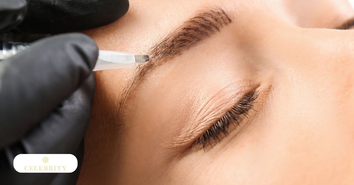 A woman sits as a microblading technician shapes her eyebrows with care