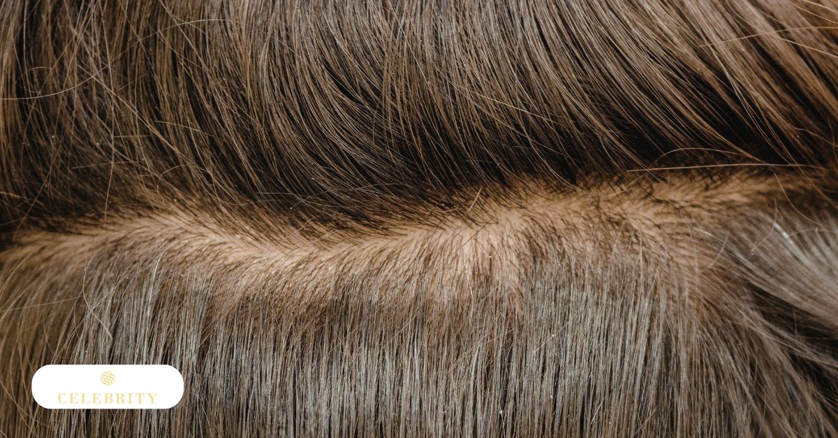 A detailed close-up of a person's scalp shows the natural density and texture of the follicles, providing a visual guide for understanding hair growth and scalp health