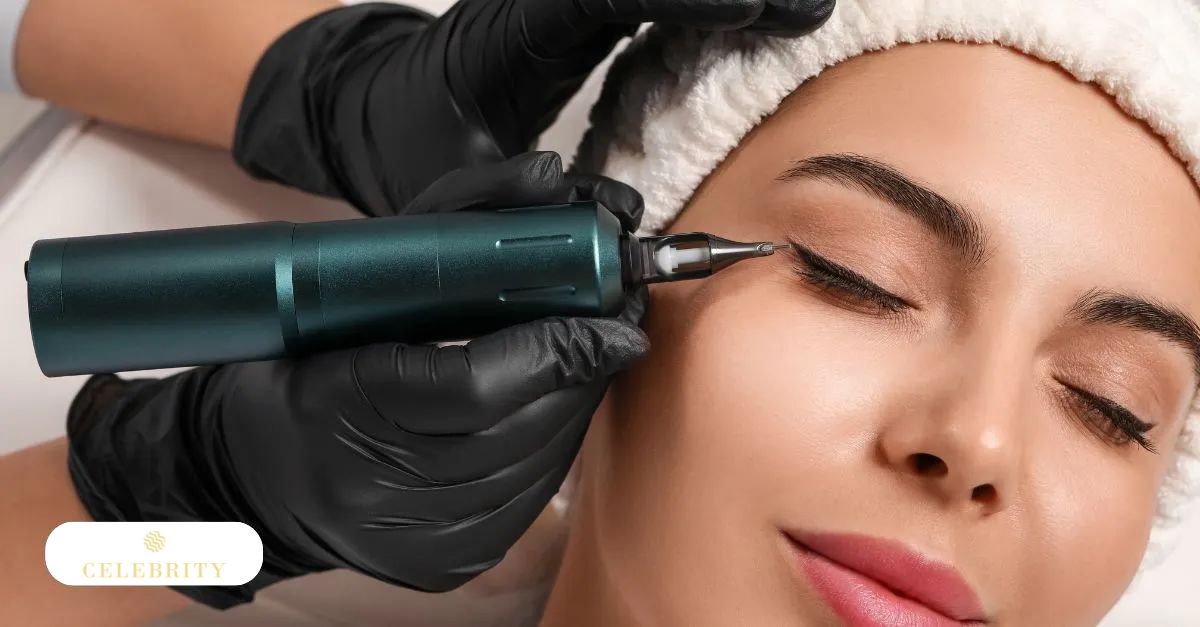 A technician using a specialized device to apply fine pigment to a client's eyelid for eyeliner microblading.