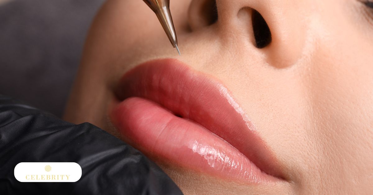 A woman undergoing lip blushing procedure with a needle to achieve permanent lip color and definition