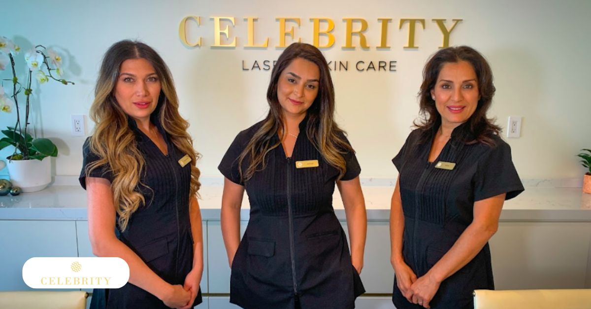 Three professional staff members stand confidently in front of a clinic reception desk, inviting clients to consult with a hair specialist for personalized treatments at Celebrity Laser & Skin Care.